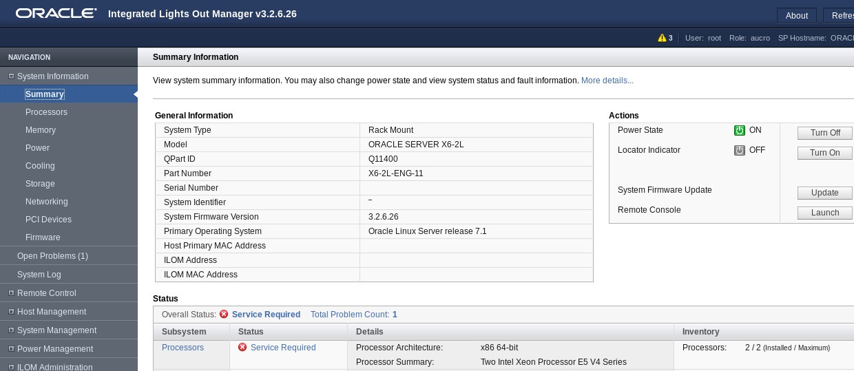 image:A screen capture showing the Oracle ILOM Summary Information                            screen.