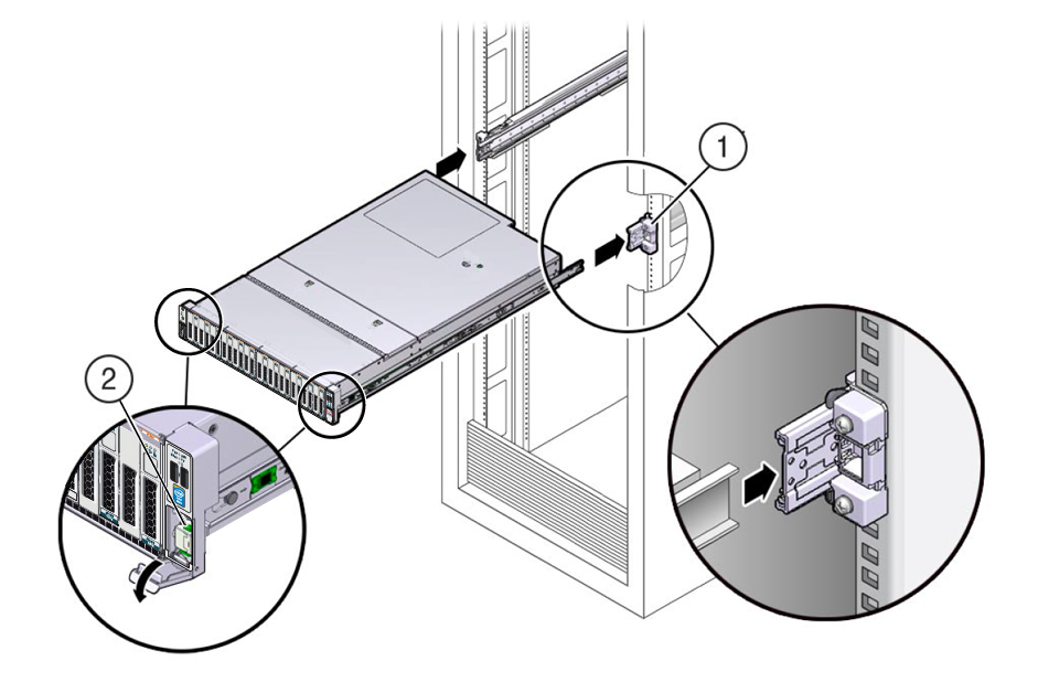 image:Figure showing the storage server with mounting brackets being inserted                      into the Slide-Rails.