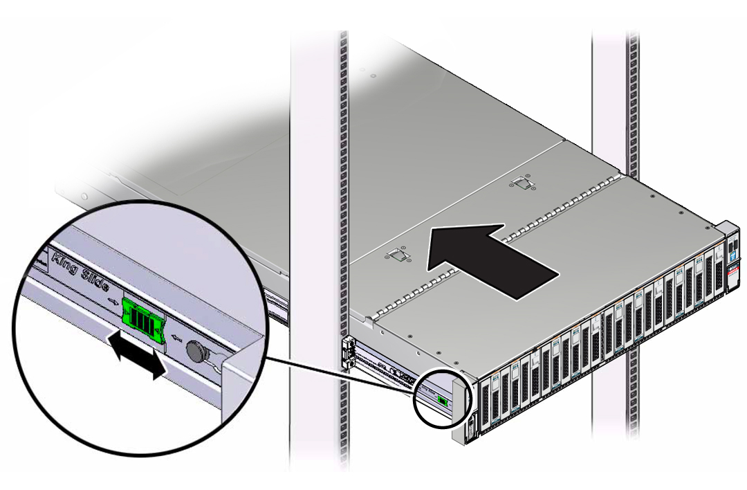 image:Figure showing the location of the release tabs on the                            slide-rails.