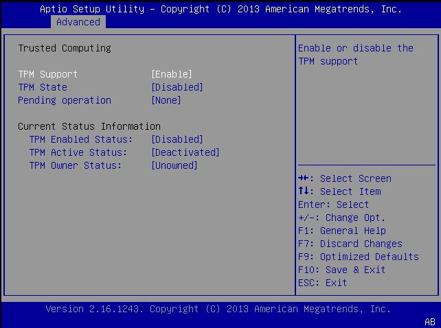 image:This figure shows the TPM Configuration screen with TPM support                         enabled.