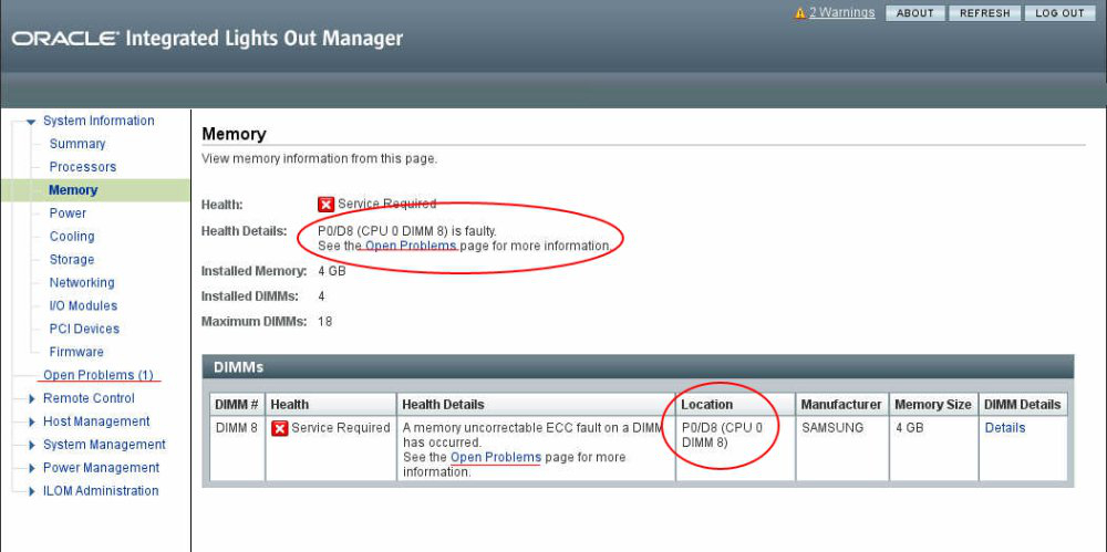 image:A screen capture showing the Oracle ILOM Memory subsystem                            screen.