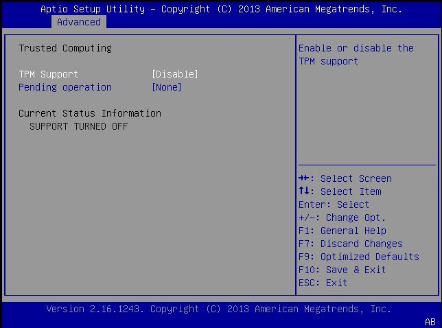 image:This figure shows the TPM Configuration screen in the Advanced                         Menu.