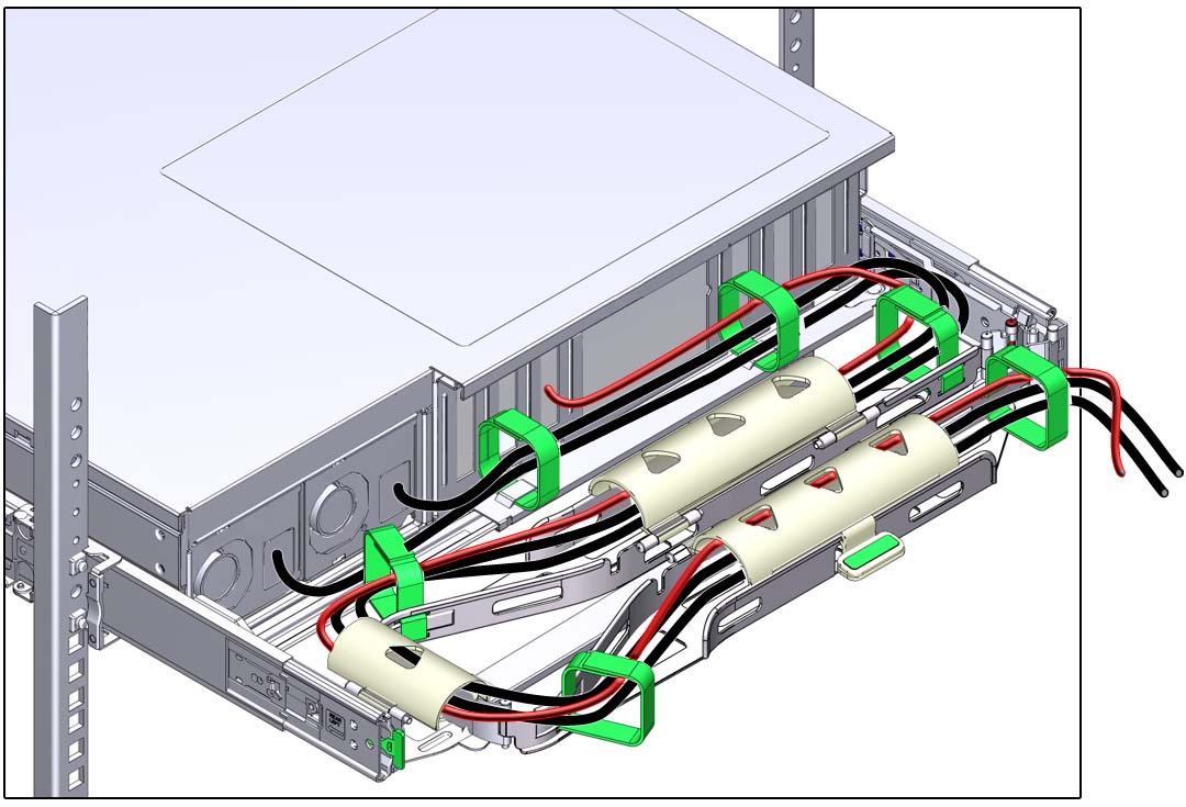 image:Figure showing CMA with cables installed, cable covers closed, and cables secured with Velcro straps.