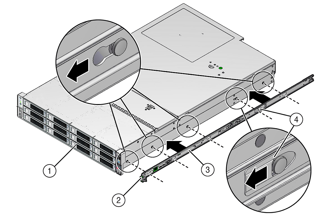 image:Figure of mounting bracket aligned with storage server chassis locating pins.