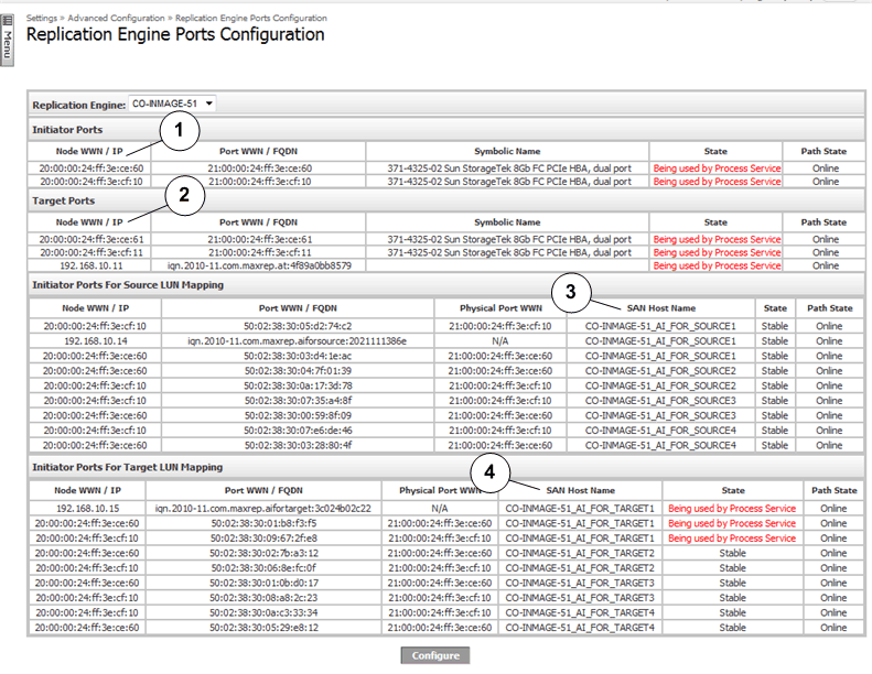 Página de configuración de puertos FC del motor de replicación