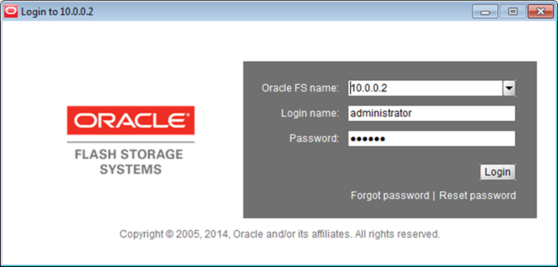 Pantalla de inicio de sesión del Gestor del sistema Oracle FS