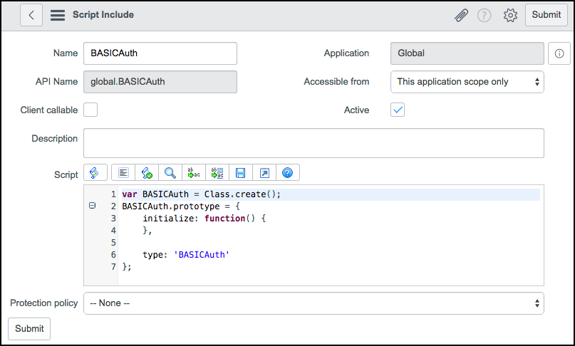 ServiceNow “BASICAuth” Default Script screen shot example.
