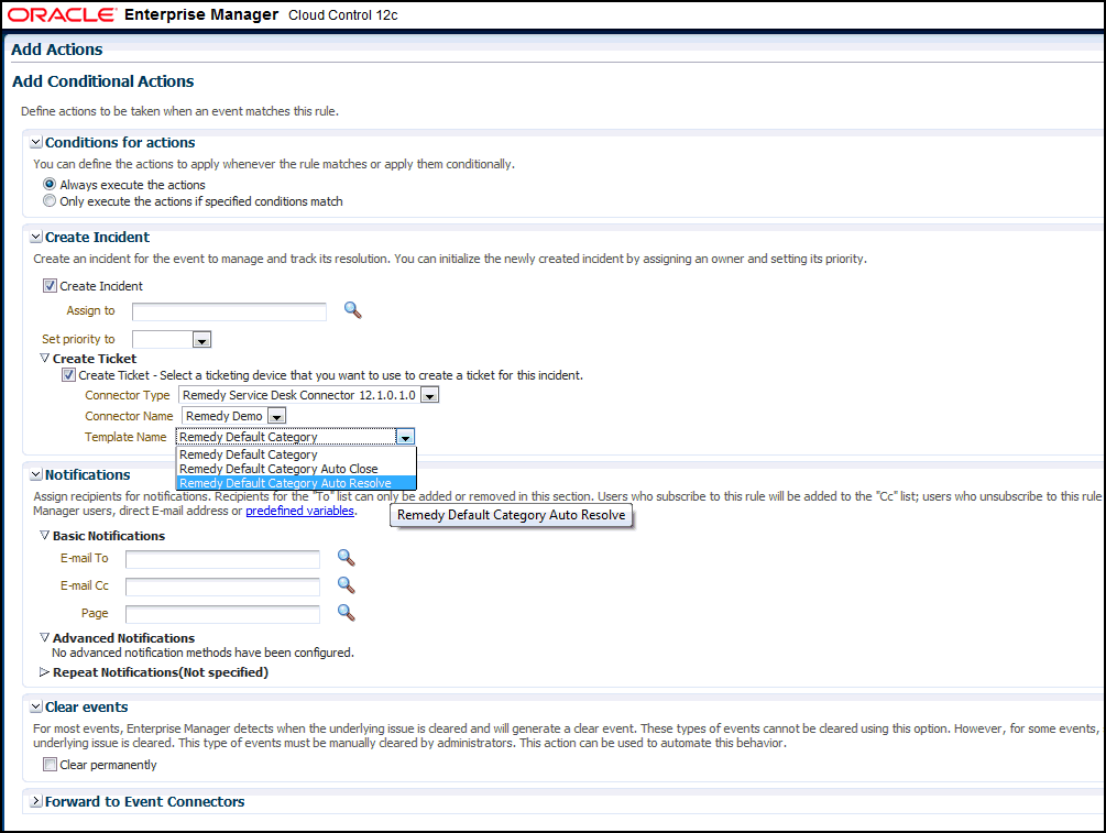 Shows Remedy Default Category Auto Resolve selected from Template Name list.