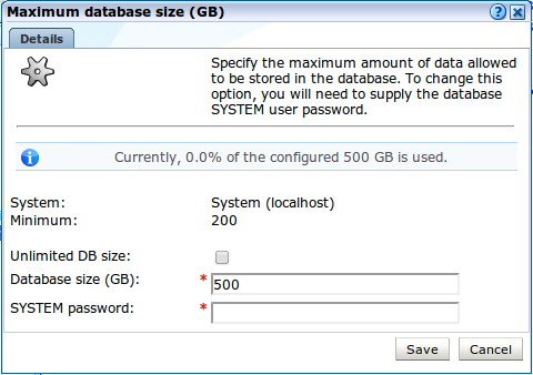 specifying database size
