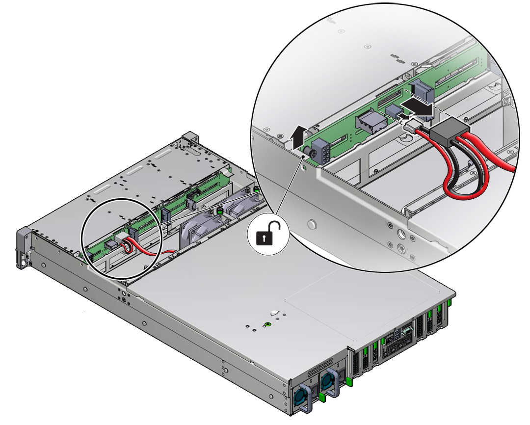 image:ケーブルを DVD ドライブから取り外す方法を示す図。