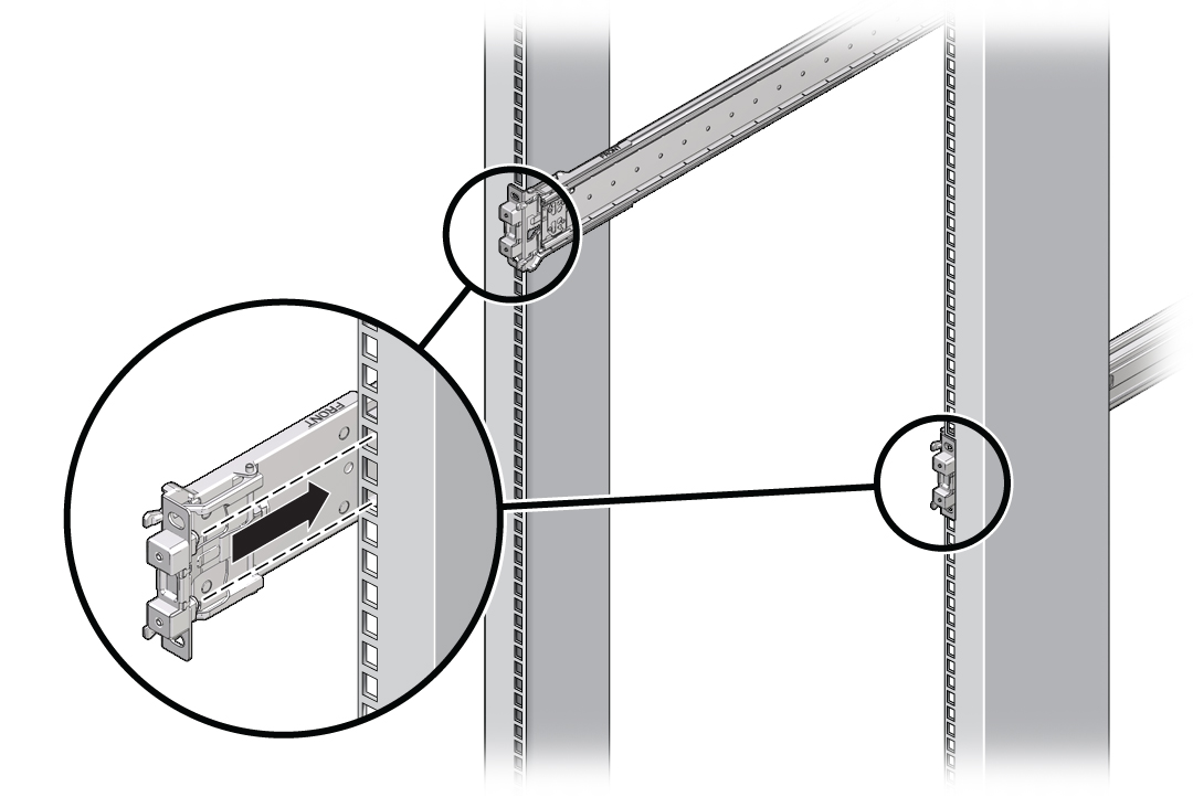 image:スライドレール構成部品をラックのレールに取り付ける方法を示す図。