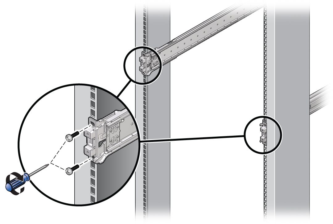 image:M6 ネジを使用してスライドレール構成部品をラックに固定する方法を示す図。