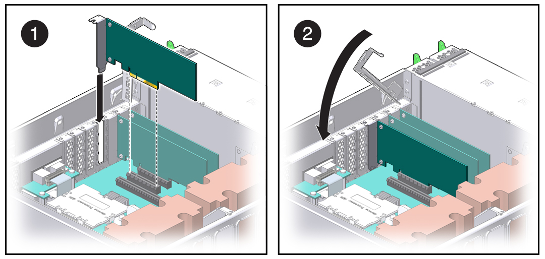 image:PCIe カードの取り付け方法を示す図。