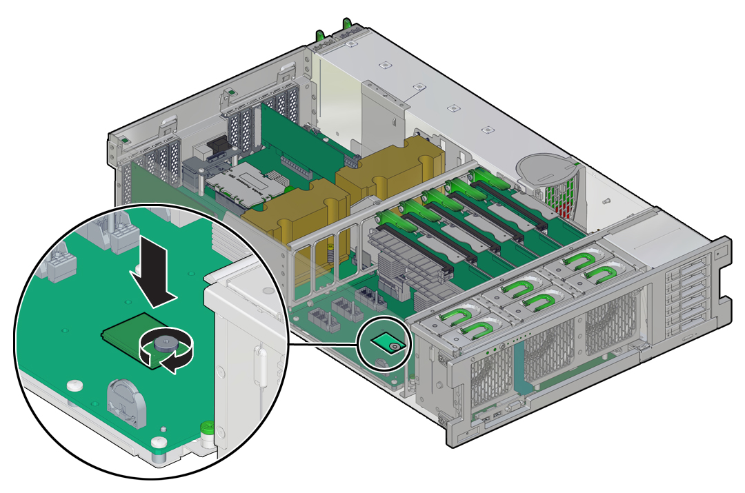 image:ねじを締めて USB ドライブをマザーボードに固定する方法を示す図。