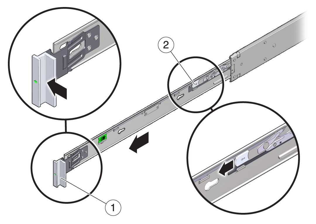 image:Image illustrant les languettes de verrouillage et le bouton de déverrouillage du support de montage des rails coulissants.