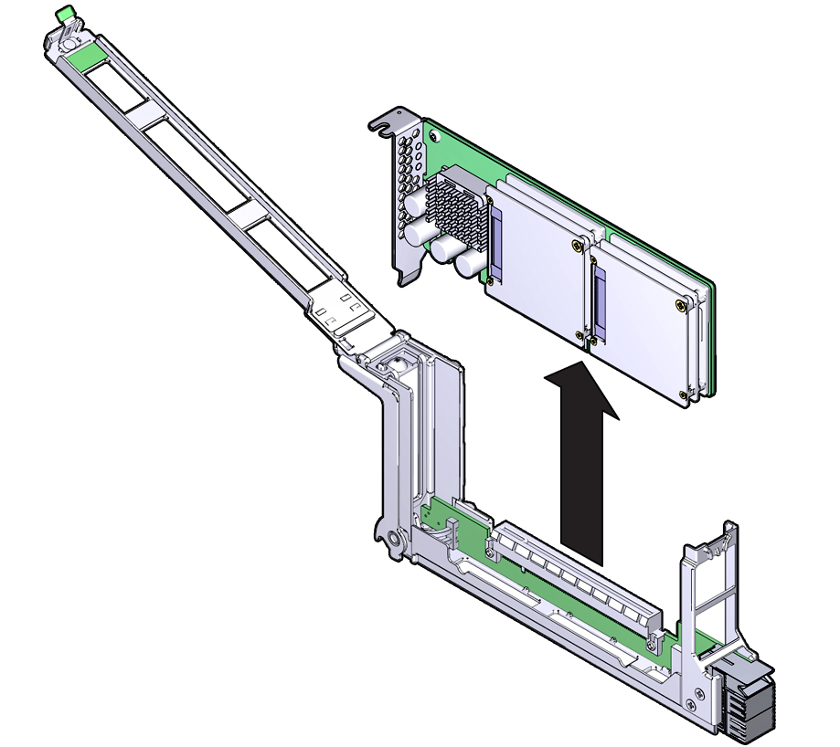 image:PCIe カードをそのキャリアから取り外す方法を示す図。