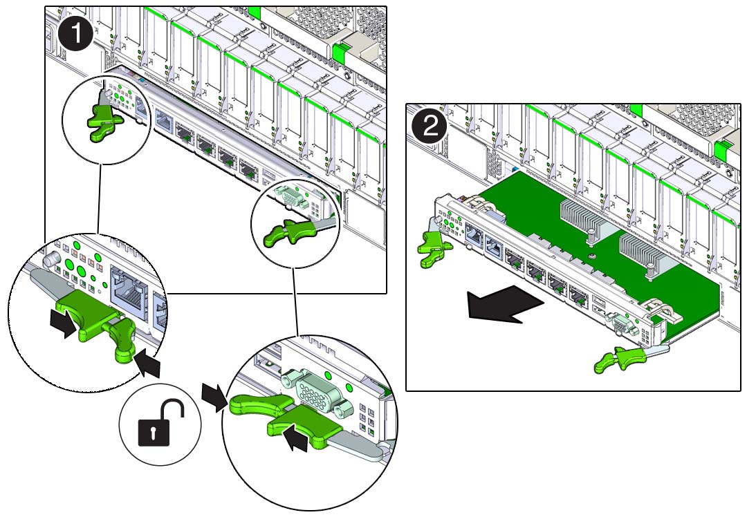 image:サーバーから背面 I/O モジュールを外す方法を示す図。