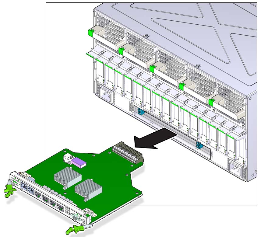 image:サーバーから背面 I/O モジュールを取り外す方法を示す図。