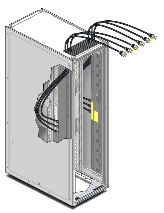 image:図は、電源コードをラックの上から配線する方法を示しています。