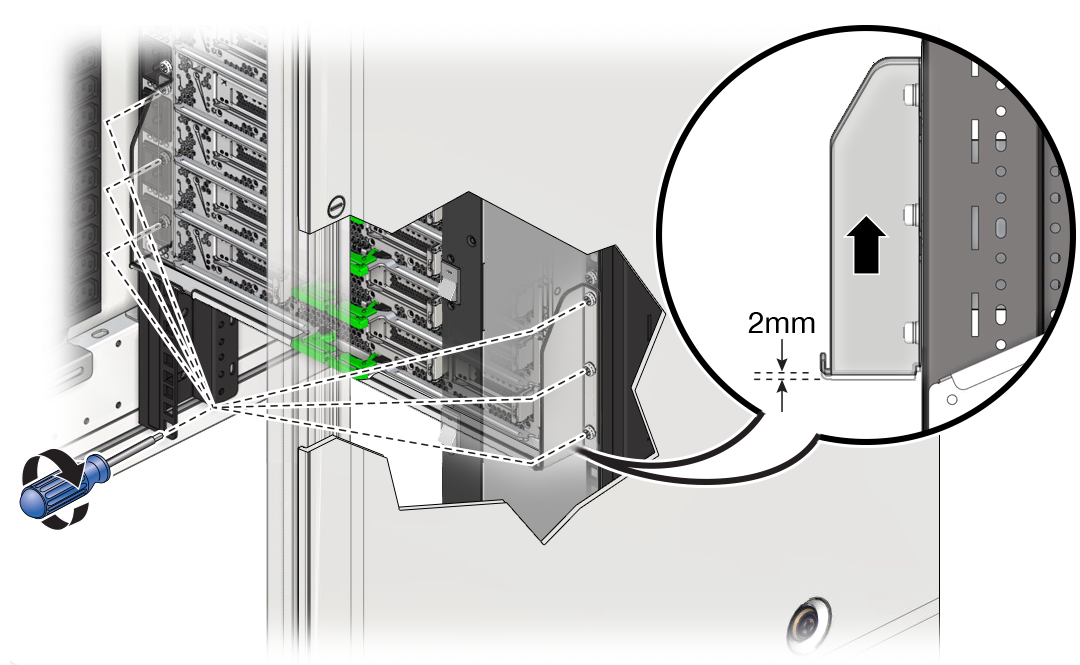 image:取り付けたサーバーの下方背面側の固定部品を締め付ける方法を示す図。