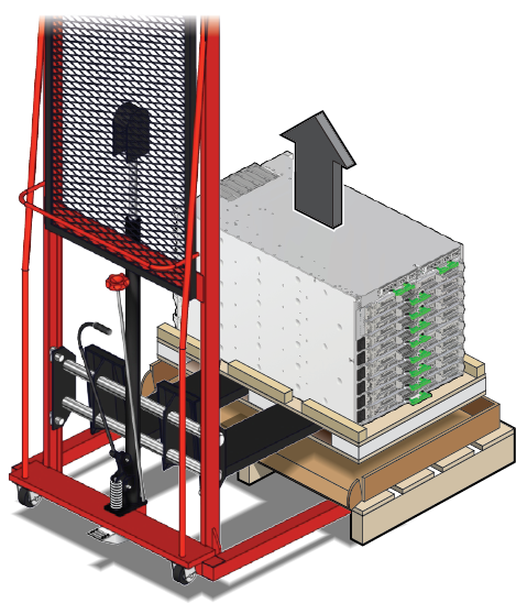 image:图中显示了如何使用带有叉子的机械式升降装置提升独立服务器。