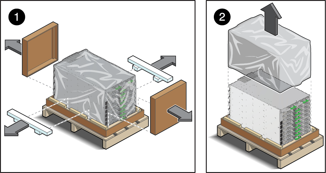 image:독립형 서버에서 가장자리 캡, 스티로폼 지지대 및 비닐 포장을 제거하는 방법을 보여주는 그림입니다.