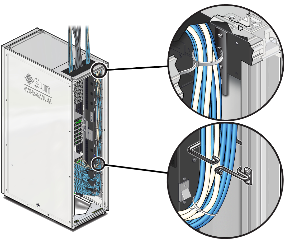 image:랙 케이블 채널에서 케이블 관리 후크를 통해 데이터 케이블의 경로를 지정하는 방법을 보여주는 그림입니다.