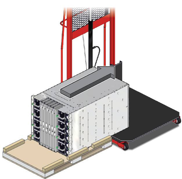 image:Schéma illustrant le soulèvement d'un serveur autonome à l'aide d'un appareil de levage mécanique doté d'un plateau.