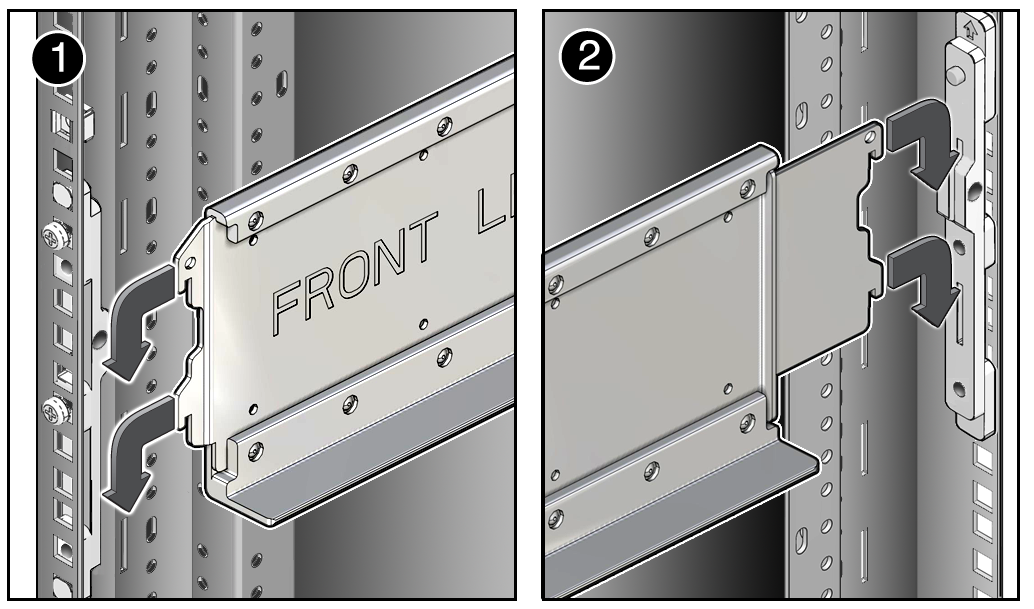 image:Schéma illustrant l'installation de l'étagère du rack dans les supports adaptateurs.