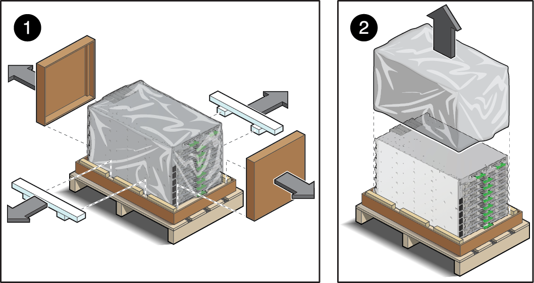 image:Figura que muestra cómo quitar las tapas protectoras, los soportes de polietileno extruido y la bolsa del servidor independiente.