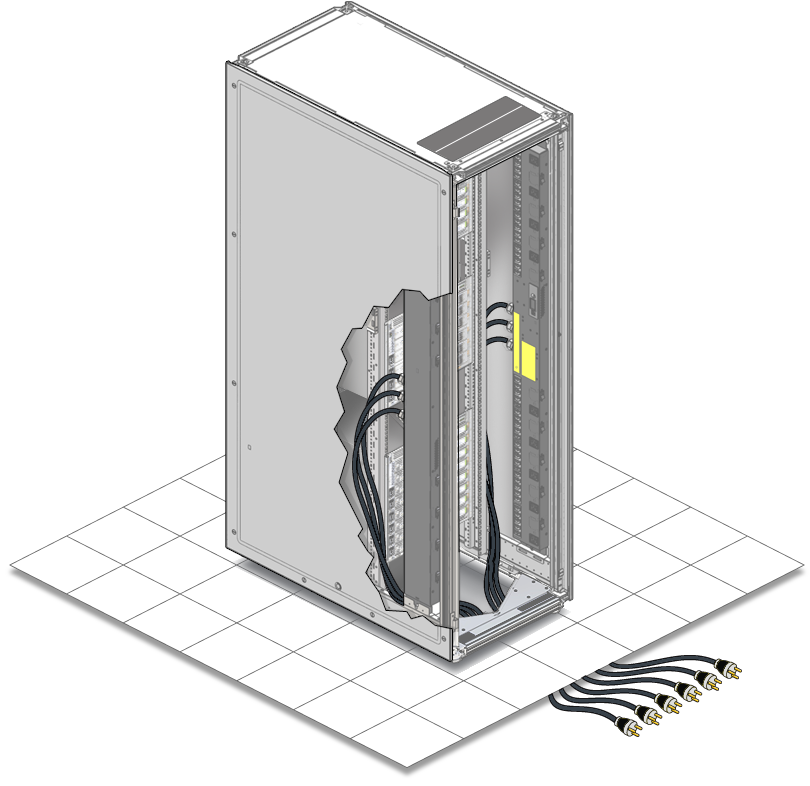 image:Figura que muestra cómo se tienden los cables de alimentación de la PDU desde la parte inferior del rack.
