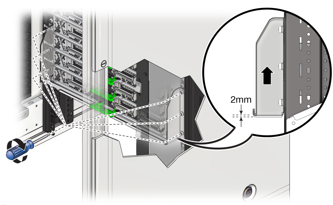 image:Figura en la que se muestra cómo fijar el soporte posterior inferior debajo del servidor instalado.