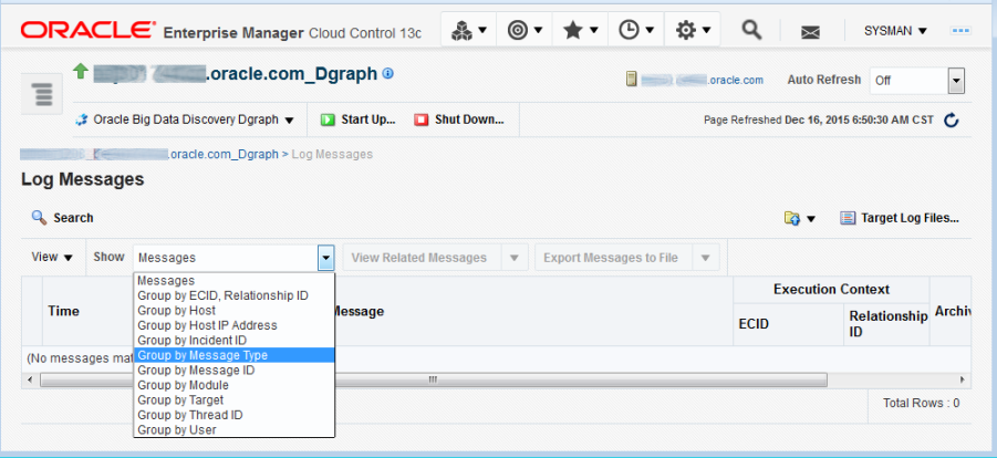 The diagram shows the Log Viewer page where you can group messages by different parameters, such as the host name or target.