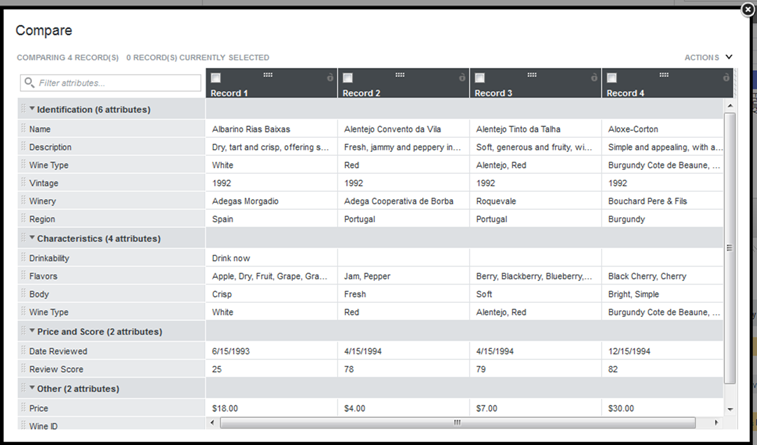 Initial view of the Compare component with 4 records selected