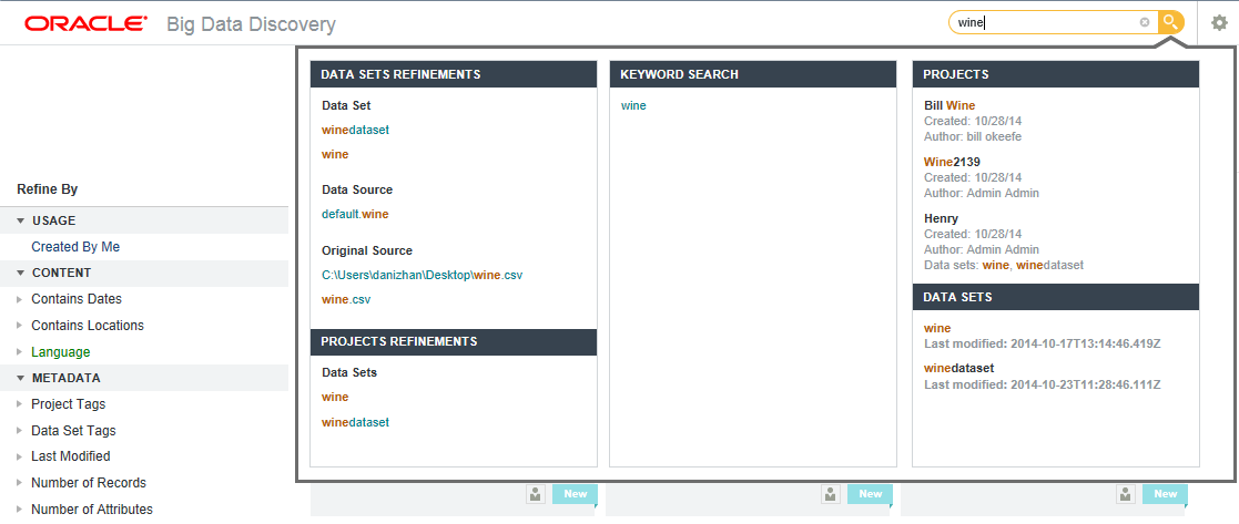 Search results panels for a search from the Catalog.