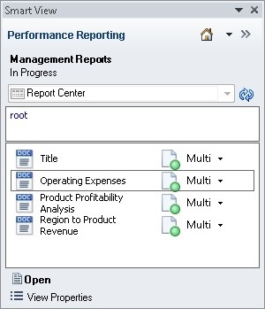 Initial report package window showing the report package name and listing the doclets it contains. The doclet entitled Operating Expenses is selected