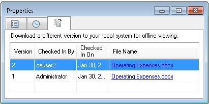Version tab of the Properties dialog box