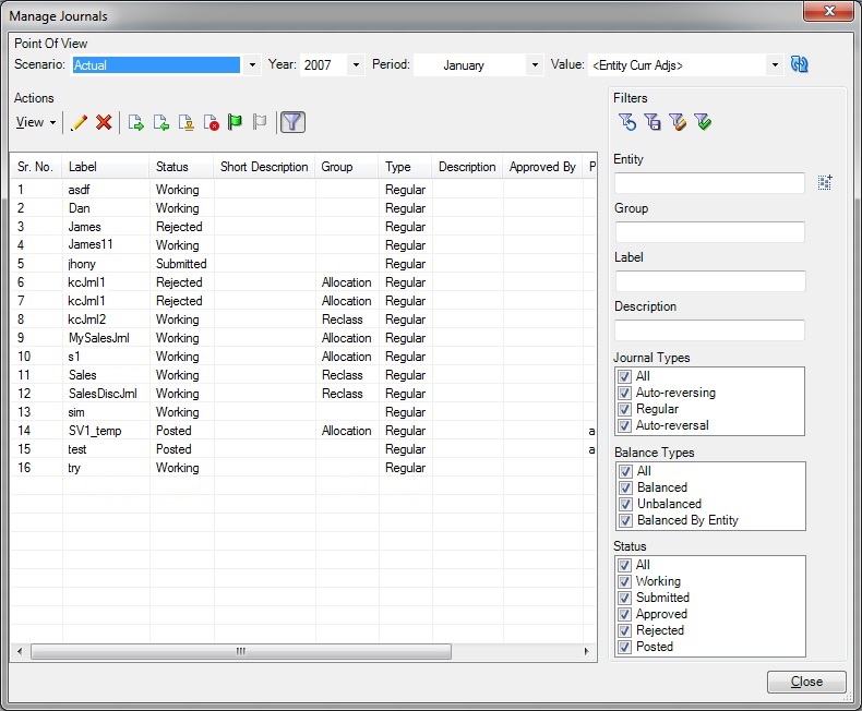 The Manage Journal dialog box
