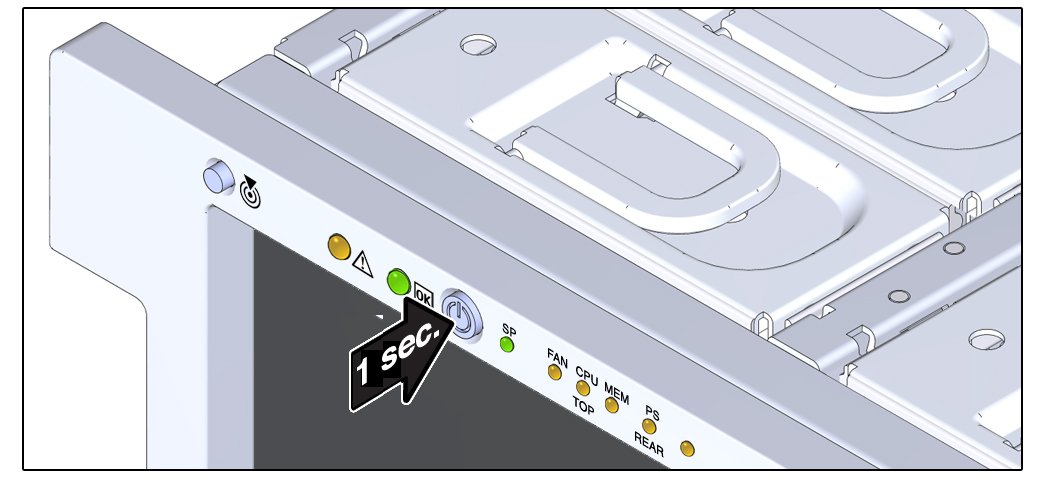 image:フロントパネルの電源ボタンを使用してサーバーの電源を切断する方法を示す図。