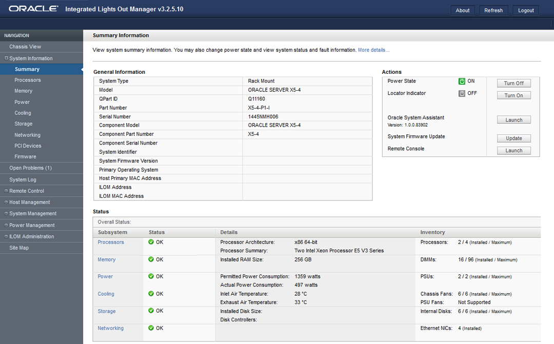 image:Oracle ILOM の「Summary」画面を示すスクリーンショット。