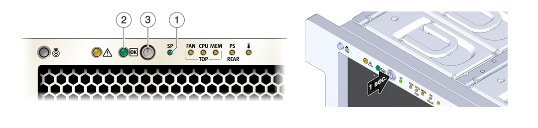 image:フロントパネルのインジケータと電源ボタンを示す図。