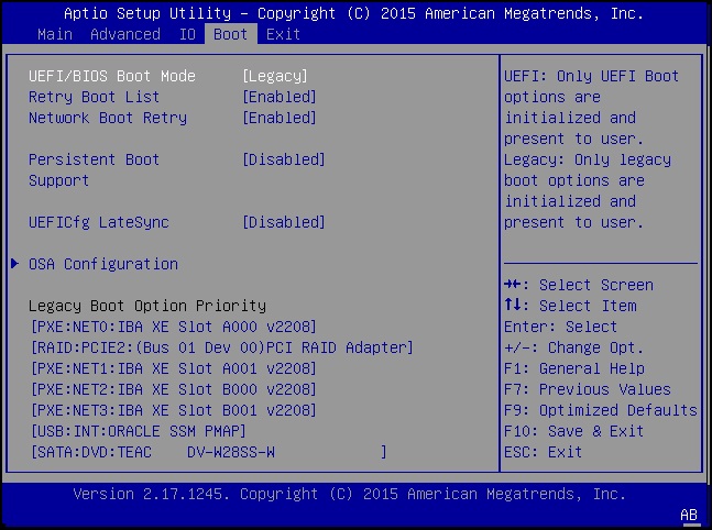 image:「Legacy」ブートモードが選択されている様子を示す BIOS の「Boot」メニュー画面。