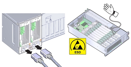 image:AC 電源プラグを抜き、静電気防止用リストストラップの装着が必要であることを示す図。