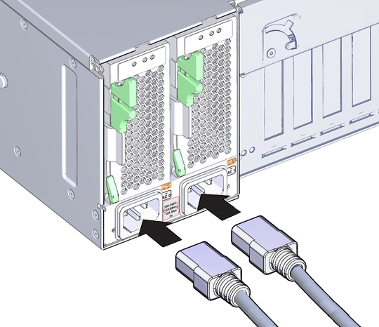 image:サーバーの電源ケーブルとシステムとの接続部を示す図。