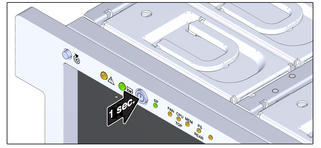 image:フロントパネルの電源ボタンを使用してサーバーの電源を正常に切断する方法を示す図。