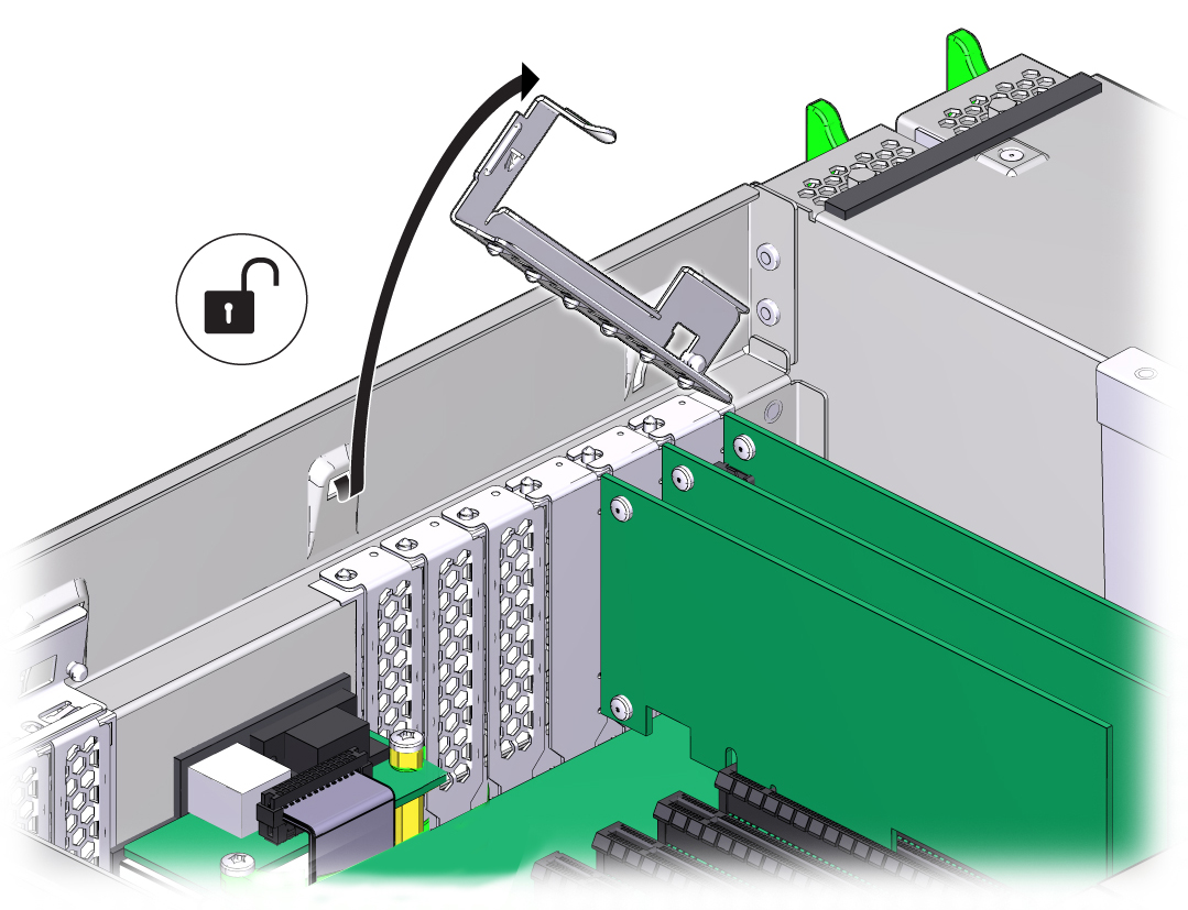 image:PCIe ロックバーを開く方法を示す図。