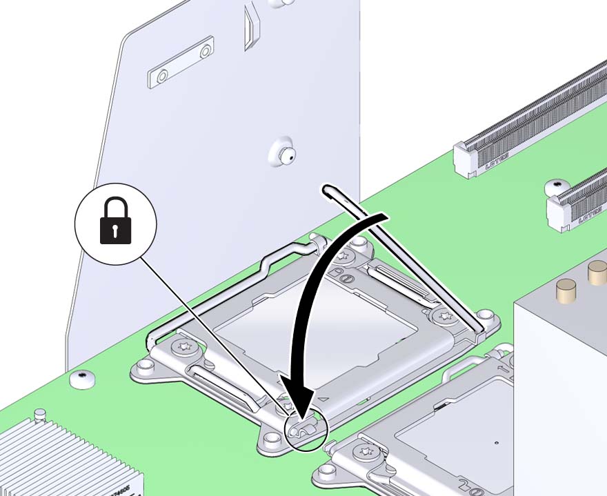image:ロードプレートの押さえレバーを閉じる方法を示す図。