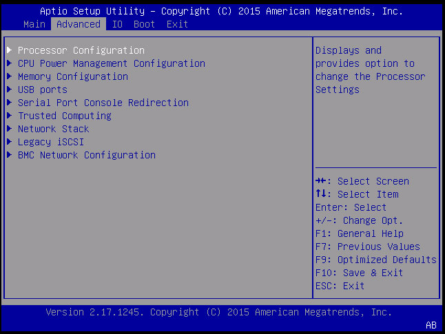 image:「Processor Configuration」が選択された状態の Advanced メニューを示すスクリーンショット。