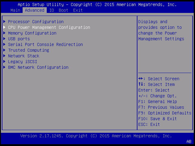 image:「CPU Power Management Configuration」が選択された状態の Advanced メニューを示すスクリーンショット。