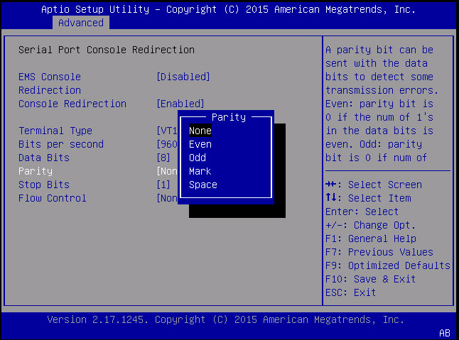 image:「Serial Port Console Redirection」画面のスクリーンショット。